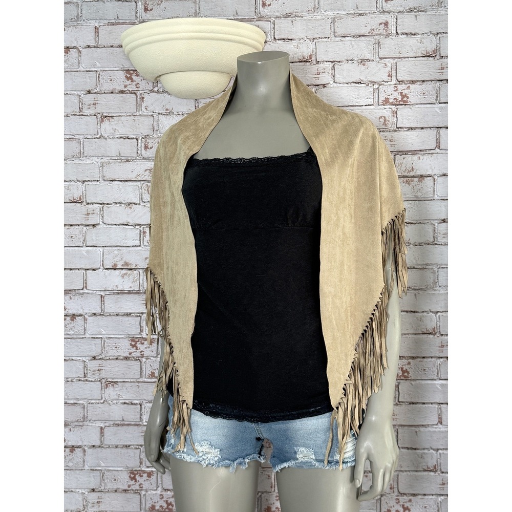 Krazy Kat Tan Faux Suede Fringe Shawl Wrap Western Boho One Size